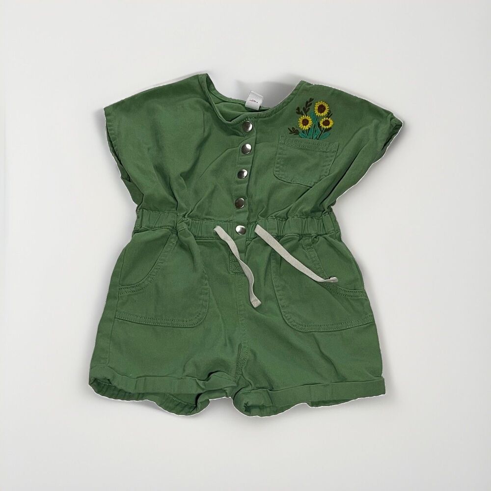 Old Navy Toddler Girls Green Romper Shortall Sunflower Pocket 3T Jumpsuit Shorts